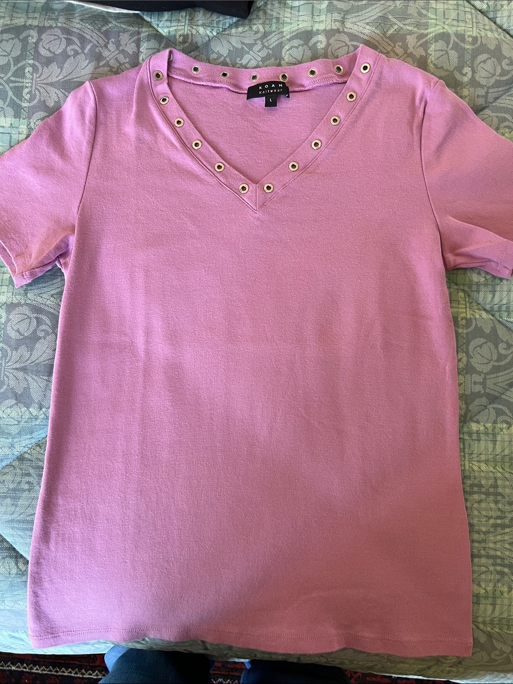 KOAN Pink V-Neck Short Sleeve Tee with Grommet Detail